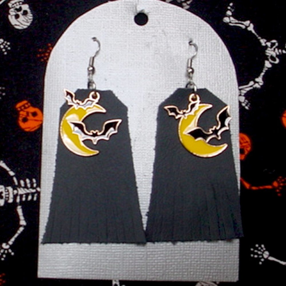 CRESCENT MOON HALLOWEEN EARRINGS WITH BATS BLACK LEATHER FRINGE & ENAMEL